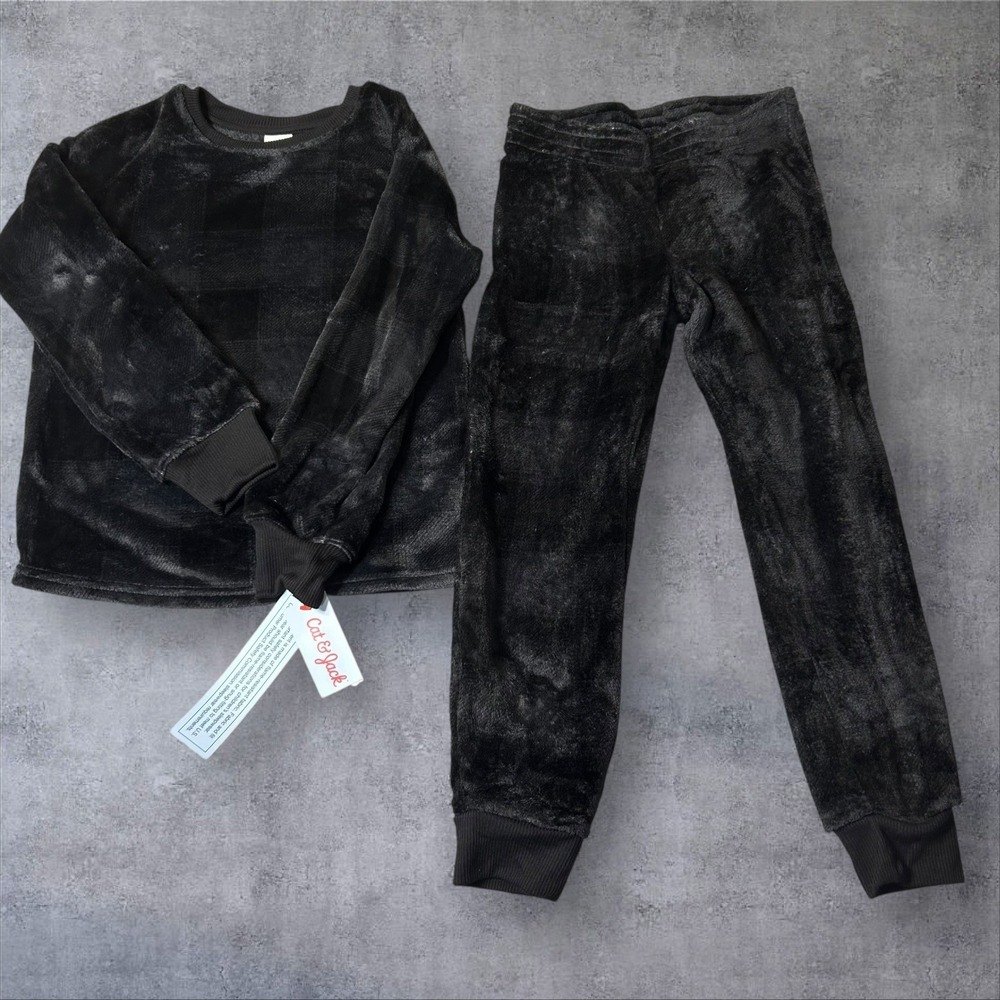 NEW Cat Jack Kids Boys Girls M 8 Pajama Set Sleepwear Black Fleece Top Pants